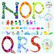preschool elements: letters, kids, animals, numbers