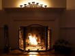 Fireplace with burning logs and candles on the mantle