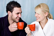 happy young couple with morning coffee happy young couple with morning coffee