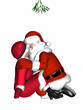 Mr and Mrs Claus kissing under some mistletoe.