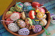 Easter eggs, painted, colored and nitted