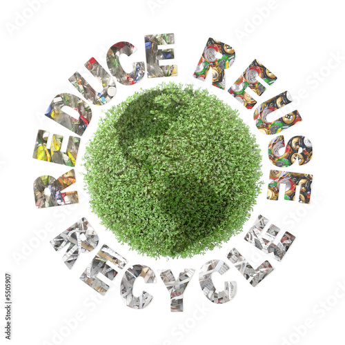 Green plant globe and reduce-reuse-recycle concept