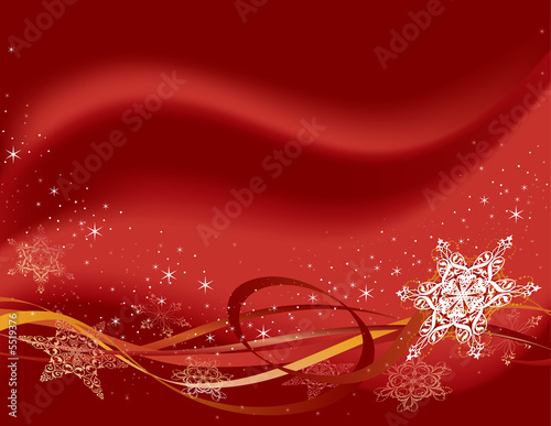 Snowflakes, stars and ribbons over a red background