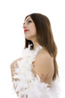 Nude girl with cape from feather on insulated background