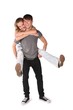 girl embraces boy from behind