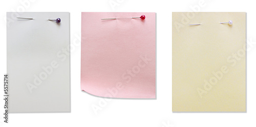 Photo: Three blank notes, fastened with pearl-headed pins. Three blank notes, fastened with pearl-headed pins.