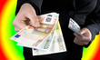 Hand giving Euro banknotes of 50, 100 and 200 Euro.