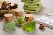 Aromatherapy products and candles on table
