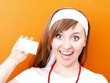 Woman with white business card. Woman with white business card.