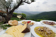 Farmers table set up with goat cheese, truffle and white wine Farmers table set up with goat cheese, truffle and white wine