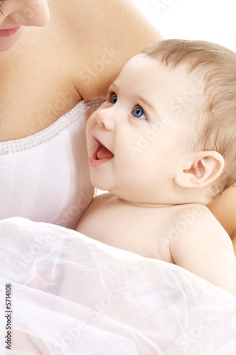 picture of happy mother with baby over white