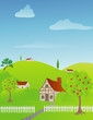 Rural spring scene with cottages and houses