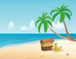 Pirate treasure on a tropical beach with palm trees