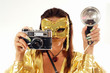Sexy girl with old photo camera & flashlight taking a shoot. Sexy girl with old photo camera & flashlight taking a shoot.