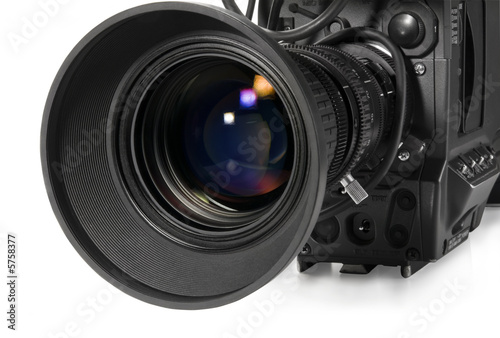 Professional digital video camera, isolated on white background