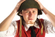Man in green helm on the white background