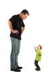 Caricature of a large father and an extra small child. 
