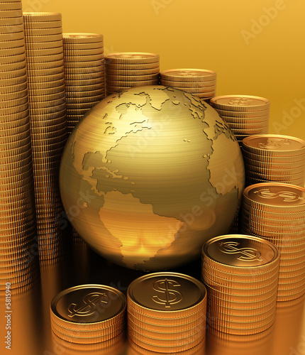 Globe with gold coins around. The coins represents a graph