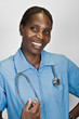 Portrait of African nurse, in blue with stethoscope