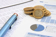 Financial reports, euro coins and a blue pen