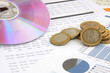 Business background: Financial reports, euro coins and CD 