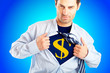 Business Superhero pulling open shirt to reveal Dollar Sign Business Superhero pulling open shirt to reveal Dollar Sign
