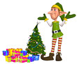 Tired christmas elf with lots of gift and a christmastree Tired christmas elf with lots of gift and a christmastree