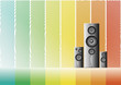 Three shaded speakers on a colorful rainbow background