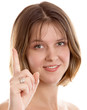 Close-up portrait of girl with Idea sign.