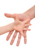 two hands - one of man and one of child isolated on white