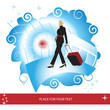 Woman with suitcase at the airport, place for your text