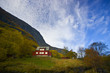lonely red house in rural farm