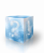 Cubical box  with blue sky and clouds, question and warning 