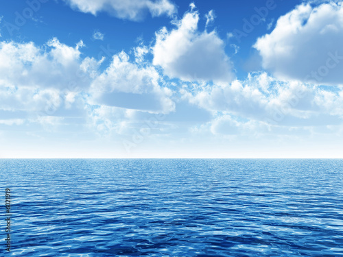 Illustration: cloudy blue sky above a blue surface of the sea cloudy blue sky above a blue surface of the sea