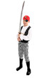 Full length boy wearing  pirate costume and holding sword.  