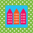 Design for a moving announcement with houses and polkadots