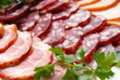 sausage and meat are slice close-up sausage and meat are slice close-up