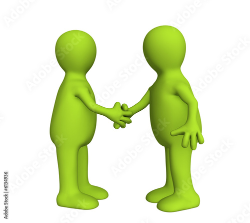 Illustration: Shake hand of two 3d stylized people of green color Shake hand of two 3d stylized people of green color
