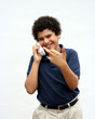 Boy on phone with hand gesture