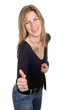 happy friendly blond woman approving on white background