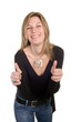 beautiful blond woman making ok gesture on white background