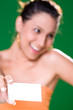 woman holding name card