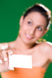 woman holding business card