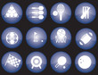 Assorted blue-glazed sports icons and buttons