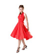 pretty woman in red dress turn around and smile