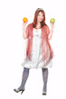Pretty woman with apple and orange in hands
