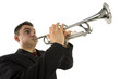 Man in suit standing and trumpet melody. Low angle view.