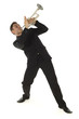 Man in suit standing and trumpet melody. Whole body