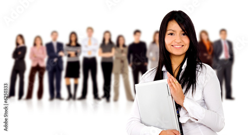 business team with a businesswoman holding