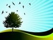 vector  landsape with tree and bids on blue background